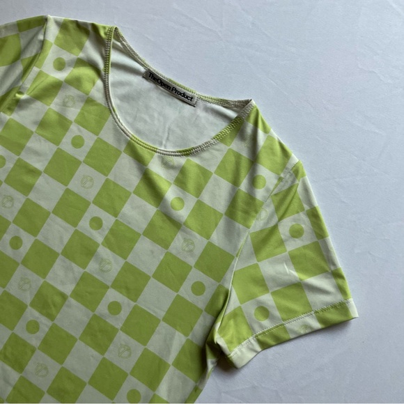 THEOPEN PRODUCT green check dot print boxy cropped crew neck tshirt - Picture 2 of 5